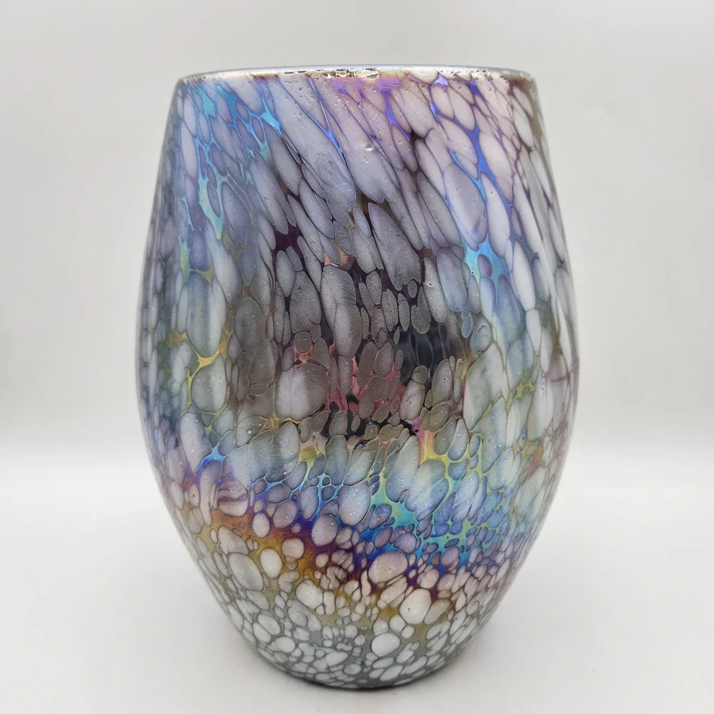Purple Handblown Art Glass Vase Iridescent Confetti Splatter Large 9.5